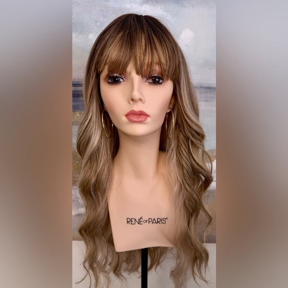 HAIR, 25” Long Wavy Layers, Center Part Bangs Ombre Med Brown/Blonde - Picture 10 of 16